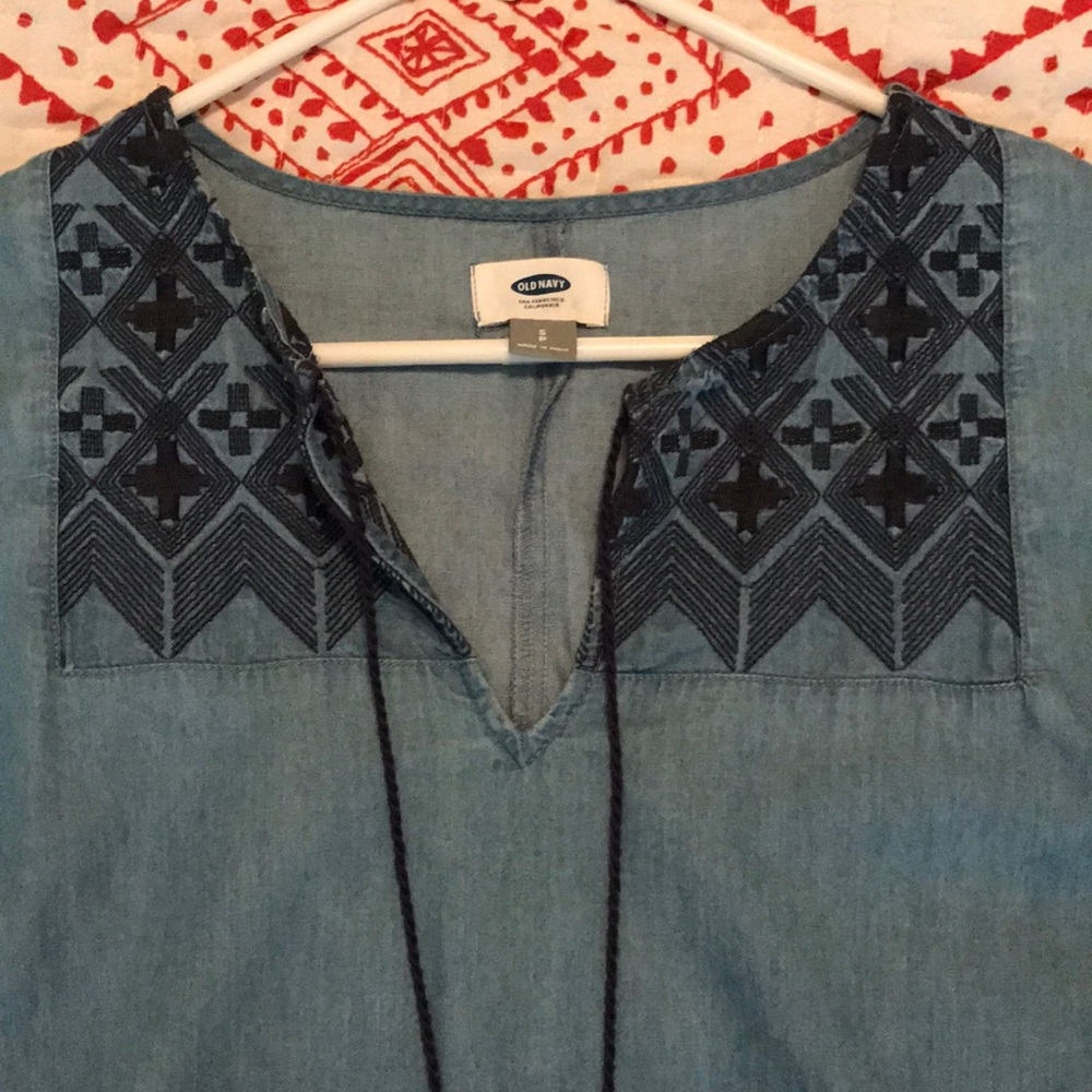 Chambray Embroidered Shift Dress